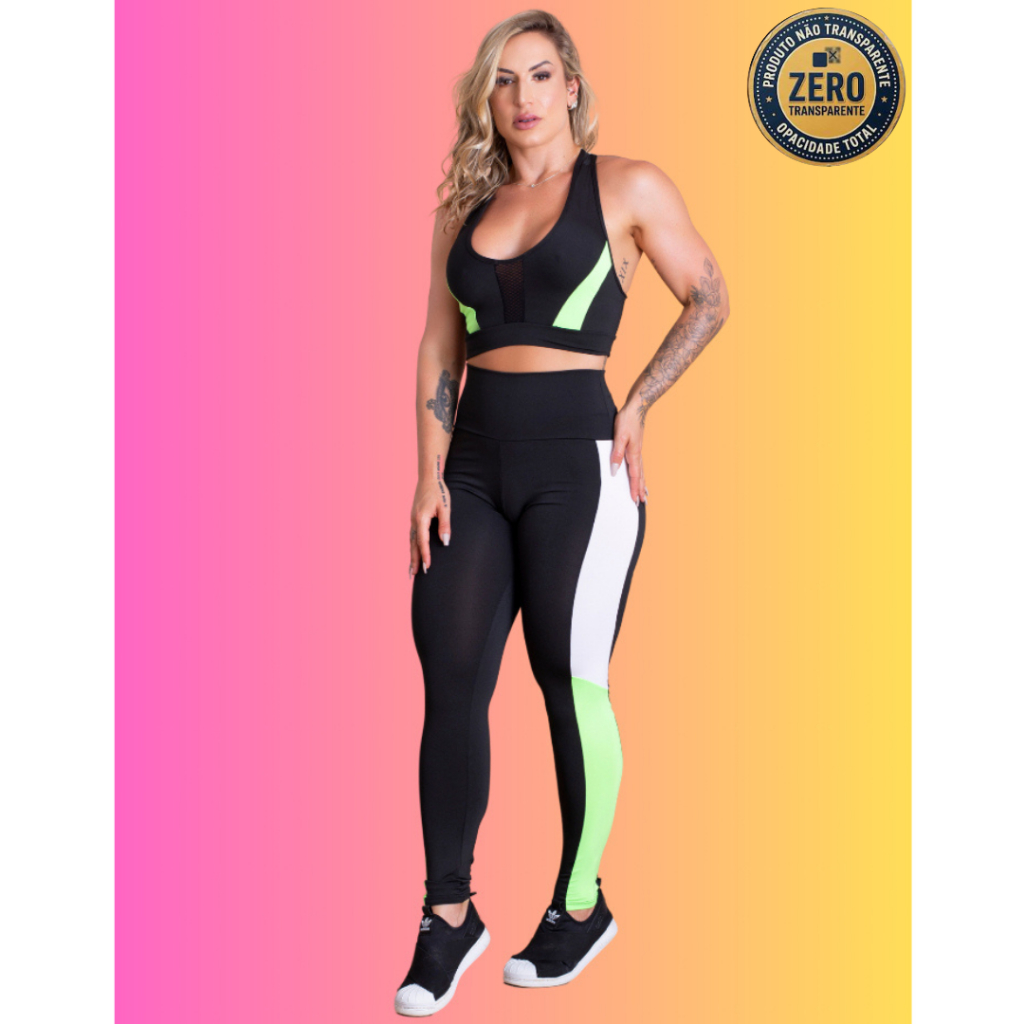 Conjunto Fitness Feminino Calça Legging Cintura Alta Detalhe Lateral E Top Nadador Tela Treino ZERO TRANSPARÊNCIA