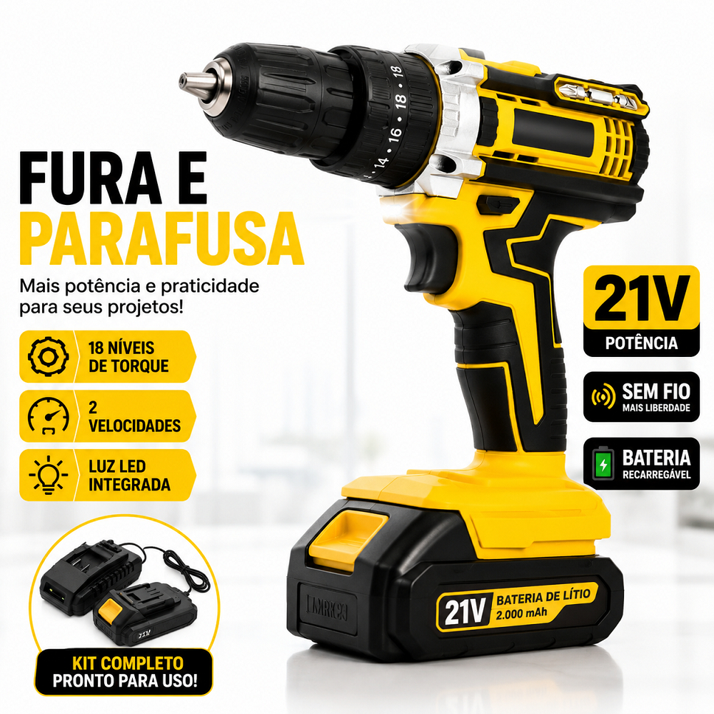 Furadeira Parafusadeira 21V Sem Fio Bateria Recarregável 2 Velocidades 18 Torque LED Furadeira e Parafusadeira