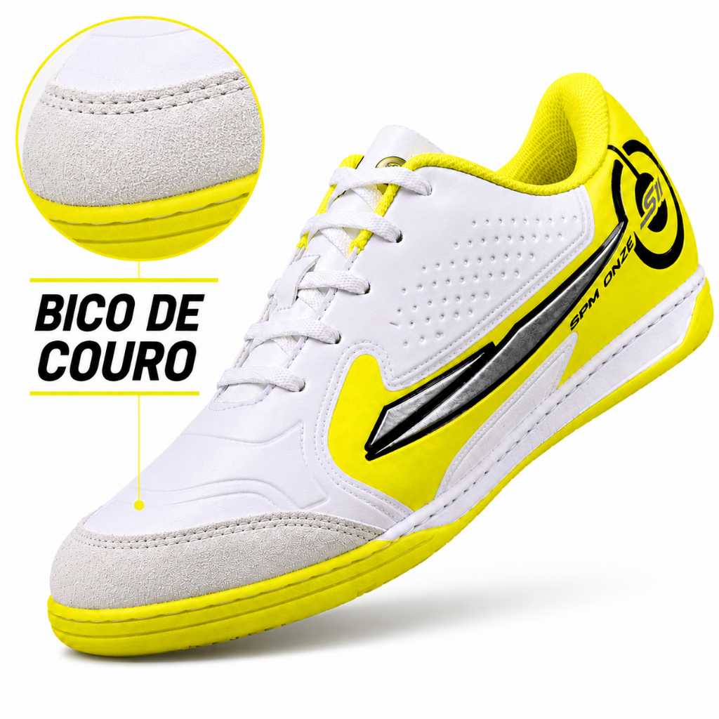 Chuteira Profissional Palmilha Premium Bico de Couro Colada e Costurada Masculina Futsal Futebol