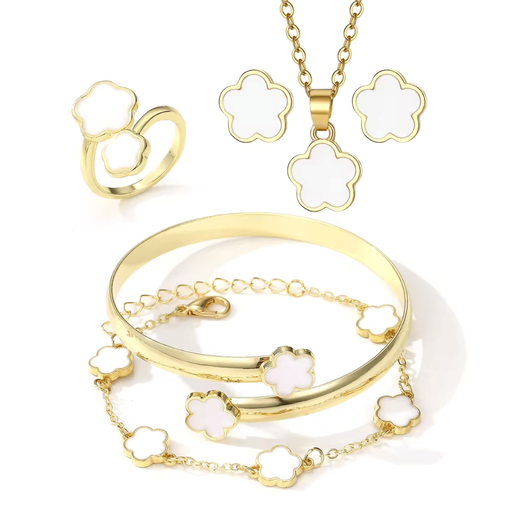 Kit de Joias Femininas 5 Peças Trevo White Premium Colar Brincos Anel Pulseiras Banhadas a Ouro 18k Moda Luxuosa Gold