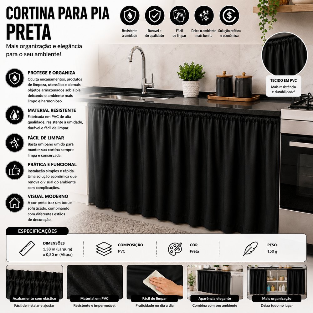 Cortina Para Pia Cozinha - Cortina Para Gabinete - Cortina Organizadora - cortina para banheiro - Cortina Decorativa jk