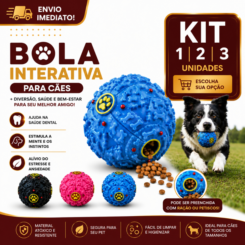 Bola Interativa Para Cães Porta Petiscos 1/2/3/4 Brinquedo Inteligente Dispensador de Ração Antiestresse Treinamento
