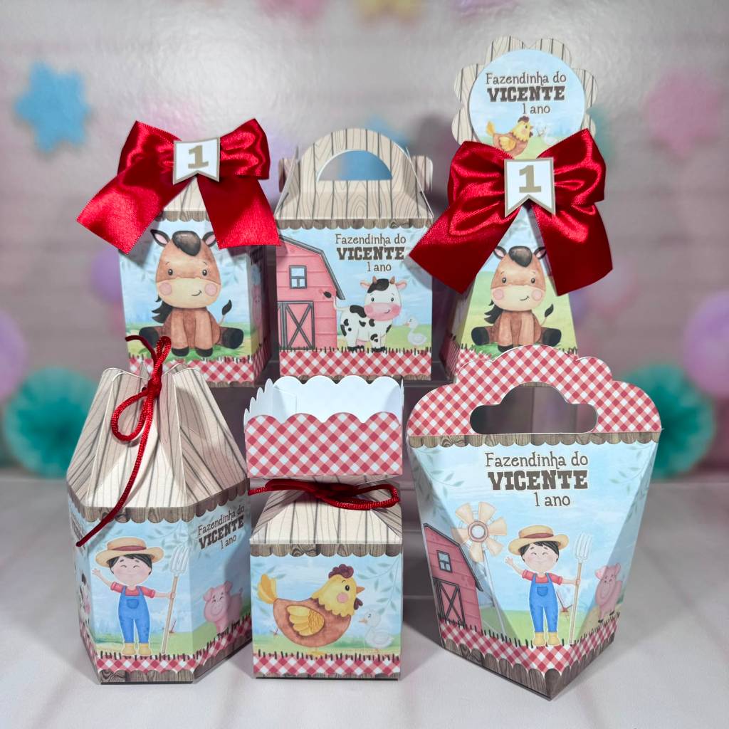 kit Caixinhas Personalizadas para Festa FAZENDINHA MENINO/VERMELHA/NUDE/AZUL/VE Lembrancinhas de Aniversário DESMONTADO.