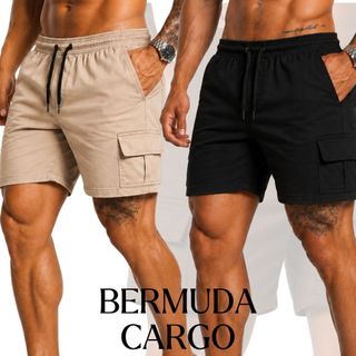 Short Cargo Masculino de Sarja com Elástico Sarja e Bolso Lateral Bermuda Masculina Bolsos Cargo
