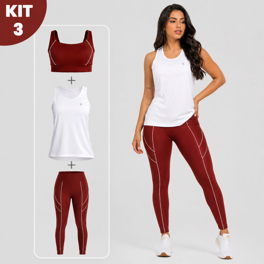Kit Fitness Feminino 3 Peças Top + Regata Dry Fit + Calça Legging Cintura Alta Academia
