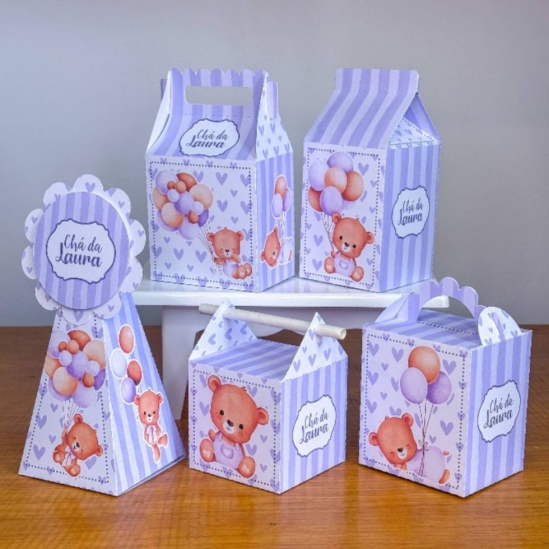 CAIXINHAS PERSONALIZADAS ~ TEMA CHA DE BEBÊ URSINHA ( LILÁS ) LEMBRANCINHAS PARA FESTA - KIT 10 A 50 UNIDADES