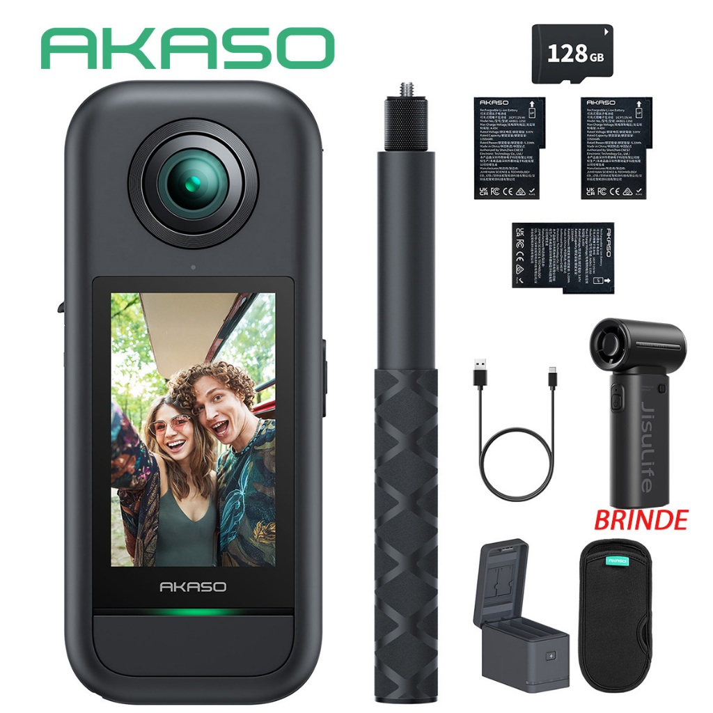 Câmera Ação 360° AKASO 360 5.7K30fps Touch 2.29" Wi-Fi Bluetooth com Cartão 128GB