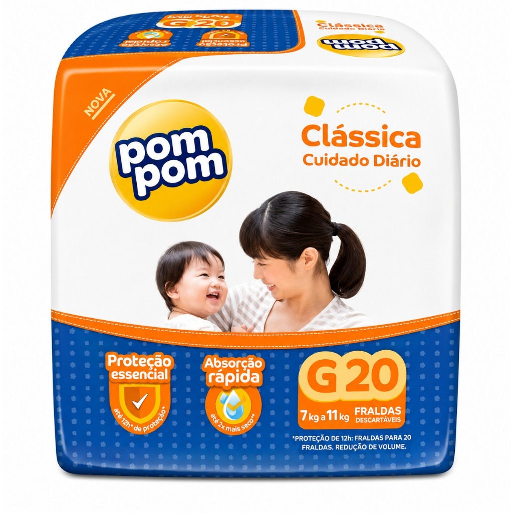 Fralda Descartável Pom Pom Clássica Jumbo Tamanho G - 8 Pacotes com 20 Fraldas