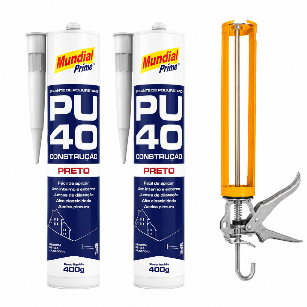 Kit 2 Selante PU40 Preto 400g + Pistola Aplicadora PU Poliuretano Vedação Construção Civil