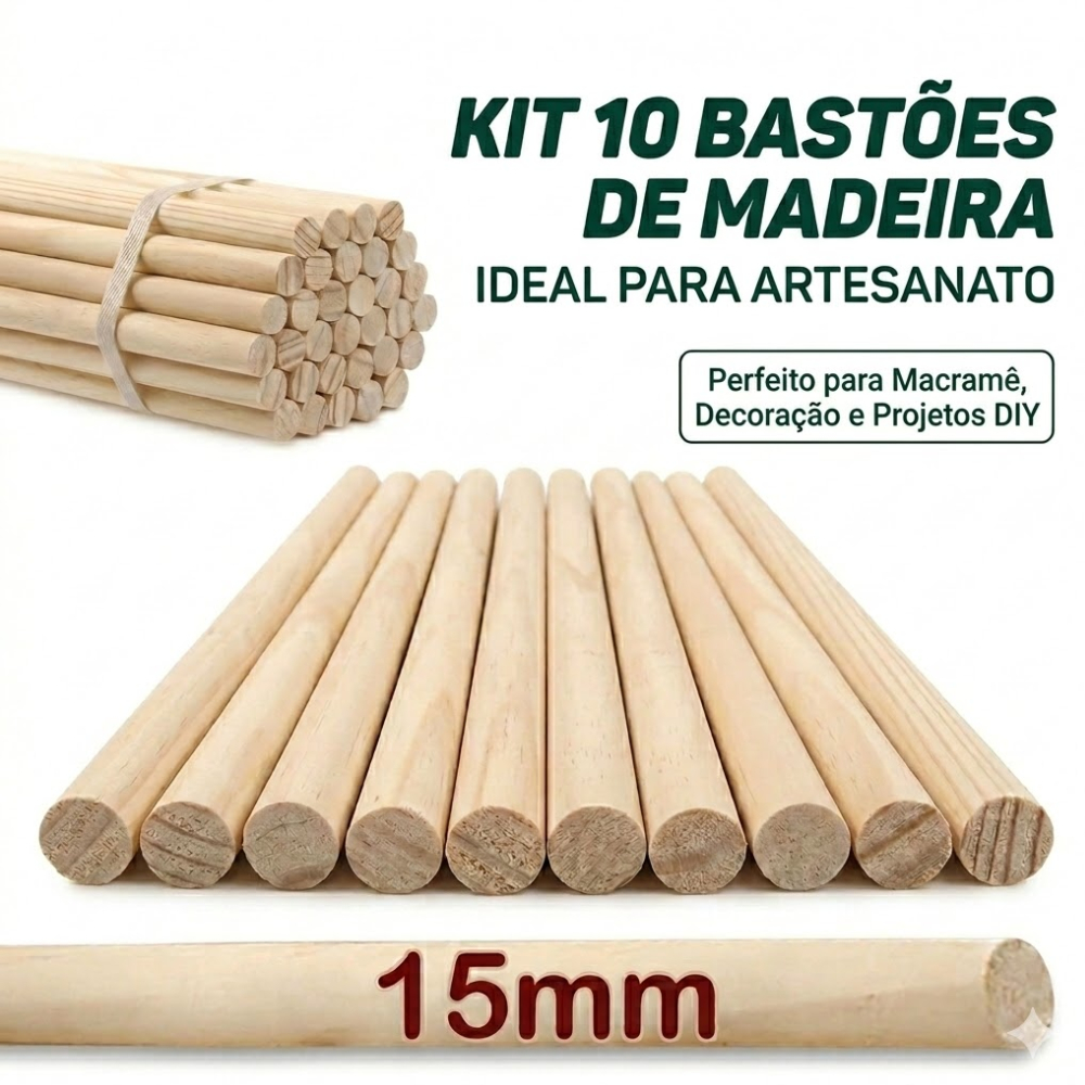 Kit 10 Poleiros 15mm Vareta Bastão Cavilha De Madeira Pinus Para Artesanato Poleiro Palito