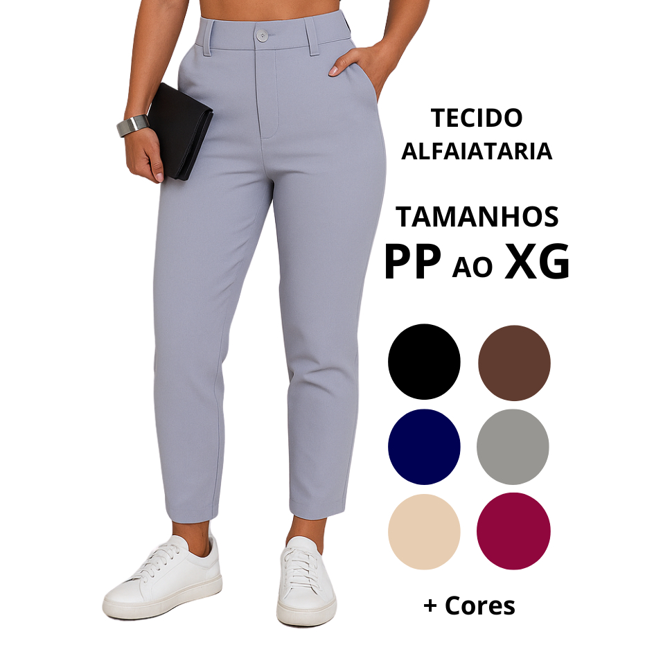 Calça Feminina Slim Social e Casual - Alfaiataria Premium - Cintura Alta com Zíper e Botão PP ao XG - Lançamento Skin