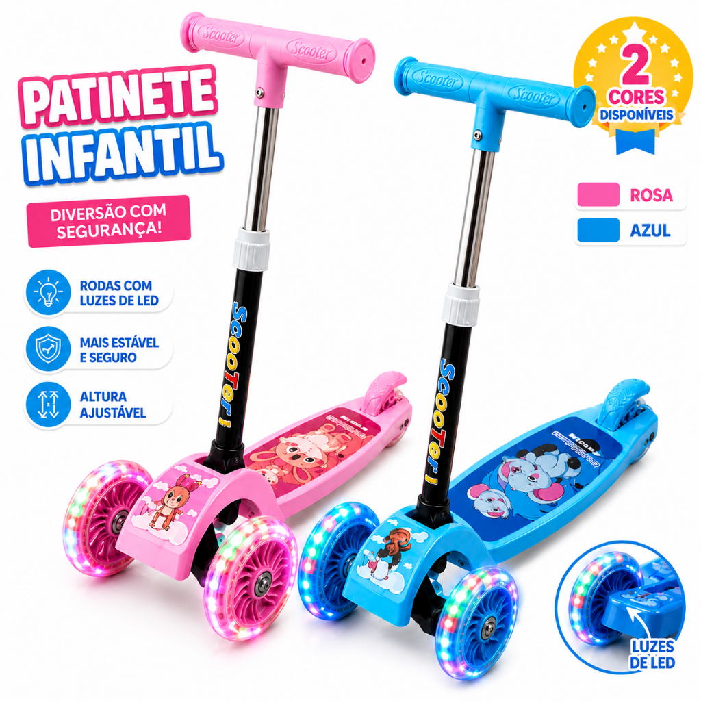 Patinete Infantil Com Luzes Altura Ajustavel e Dobravel 3 Rodas Brinquedo Scooter Azul Rosa