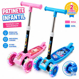 Patinete Infantil Com Luzes Altura Ajustavel e Dobravel 3 Rodas Brinquedo Scooter Azul Rosa