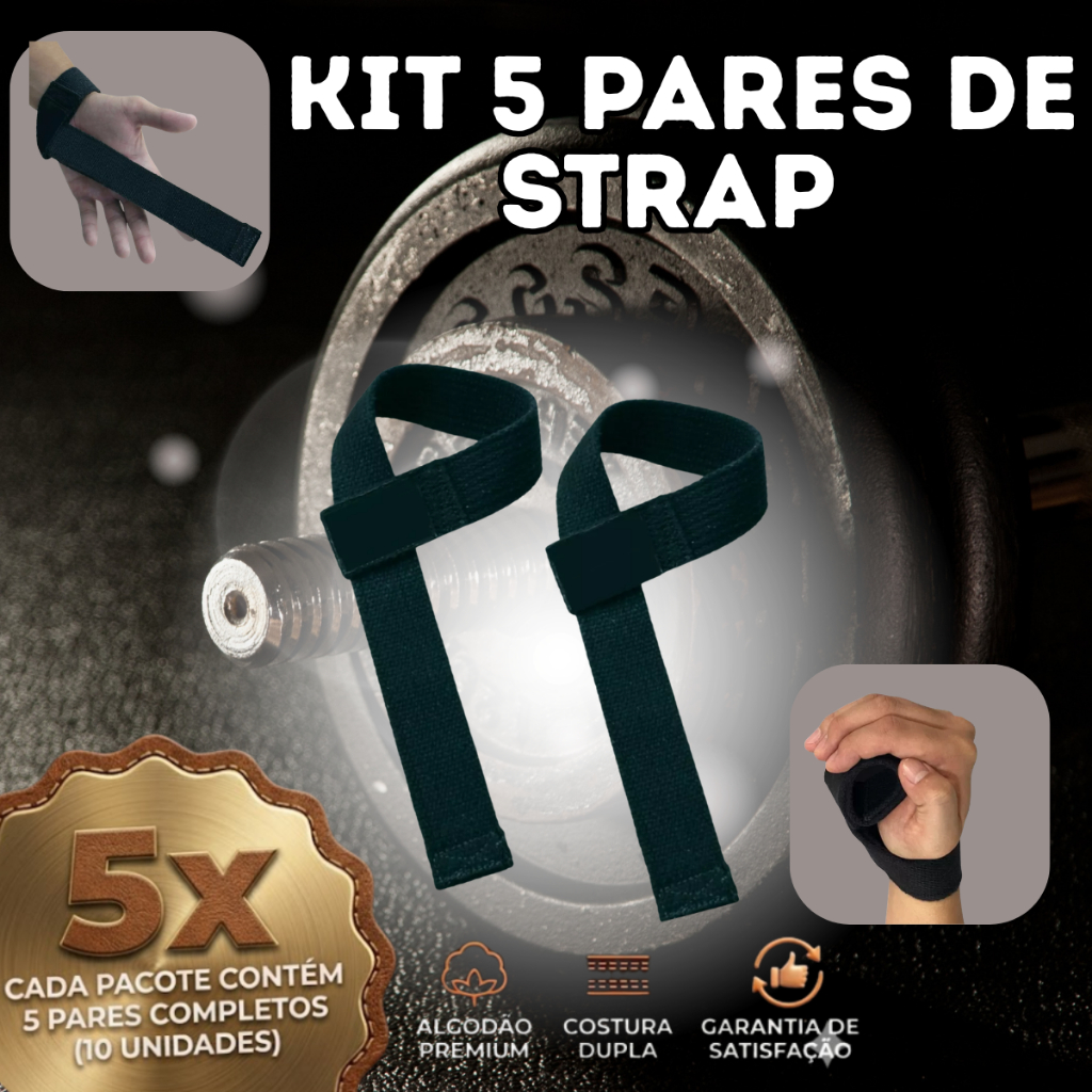 Kit 5x Pares Tala Strap 100% Algodão P/ Musculação Academia
