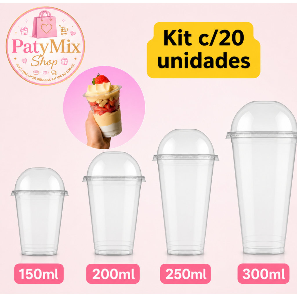 20un Copo c/ Tampa Bolha s/Furo Pote Da Felicidade, Algodão doce, Açaí, capacidade 150ml, 200ml, 250ml ou 300ml