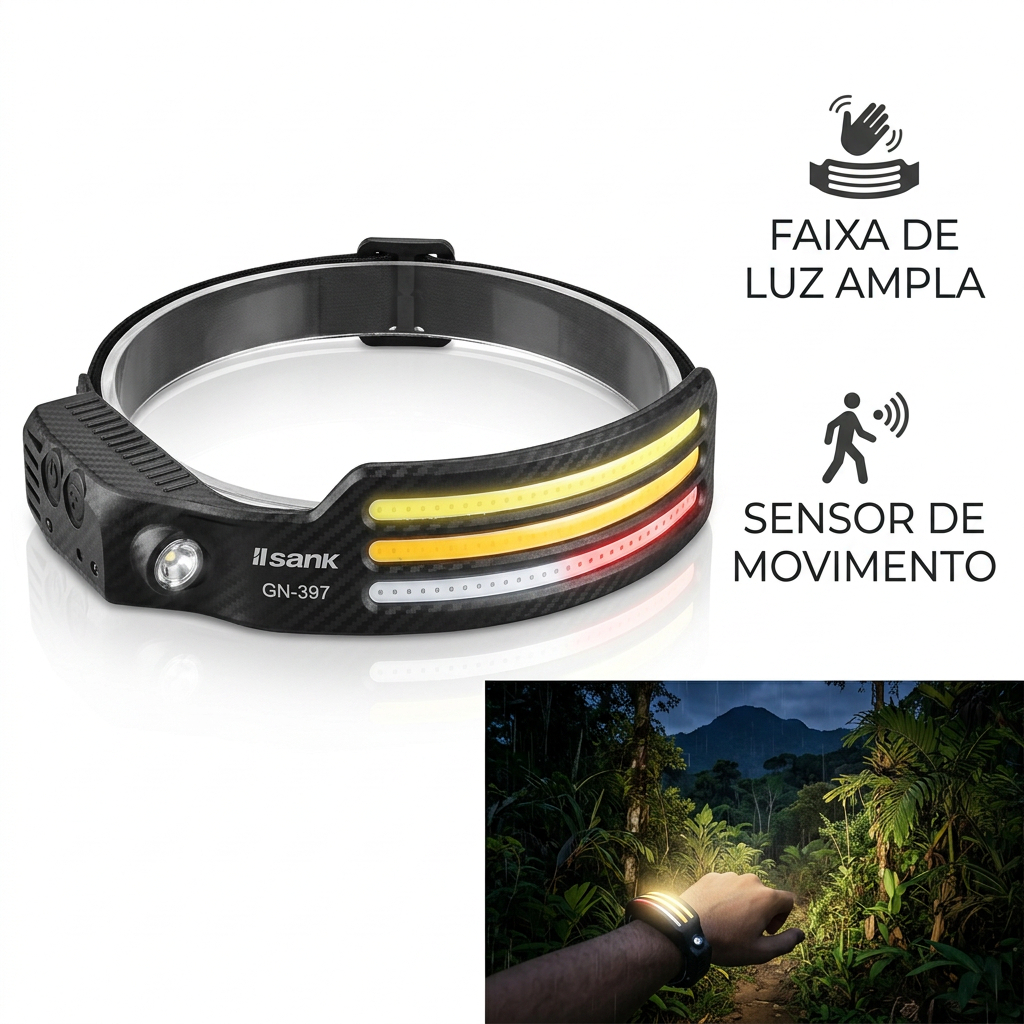 Lanterna de Cabeça Recarregável 3 Led Corpo Motion Camping Torch Light Lamp Com Usb