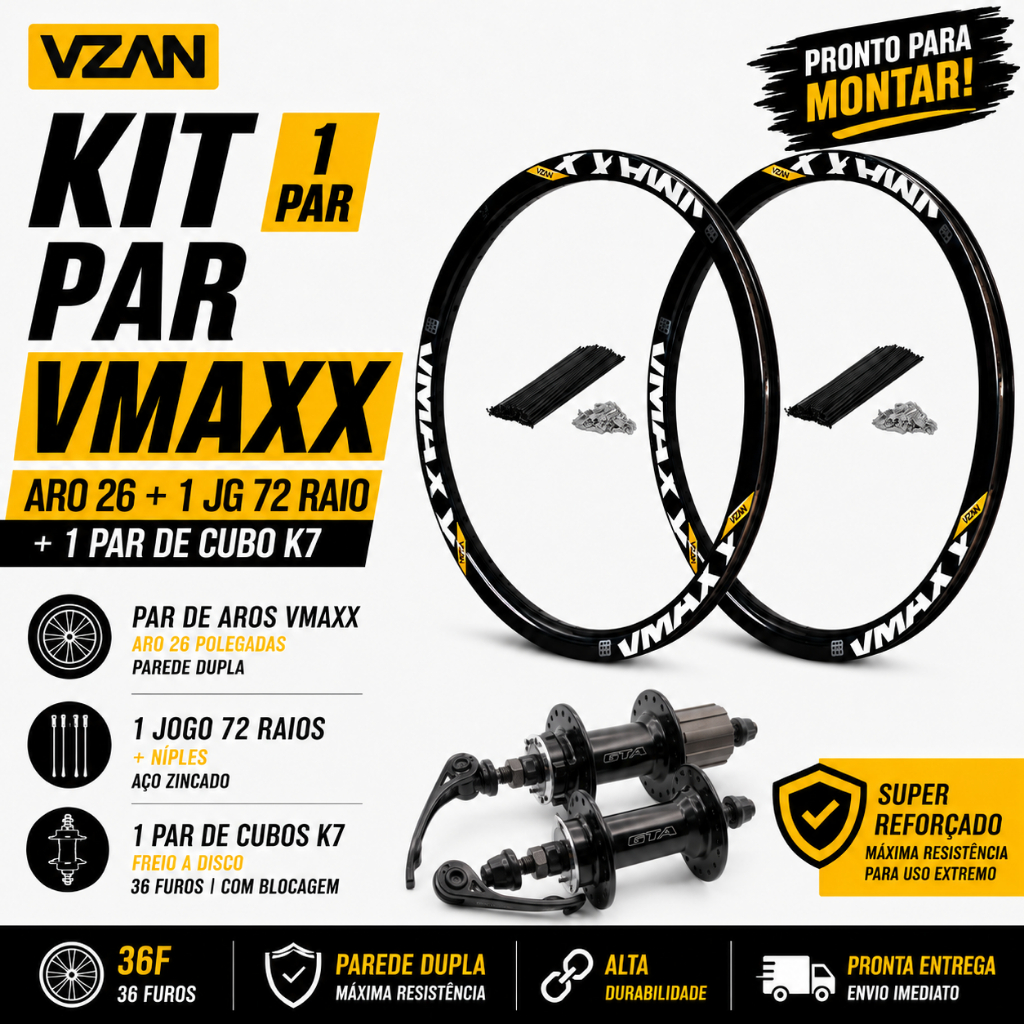 Par 2 Aro Vzan Vmaxx Preto Aro 26 Reforçado SL Para Freio A Disco + Raios Finos Pretos + Cubos K7