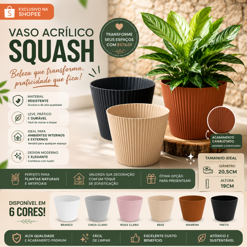 Vaso Acrílico Squash Decorativo com ou sem Pé | Moderno para Plantas e Jardins | Diversas Cores