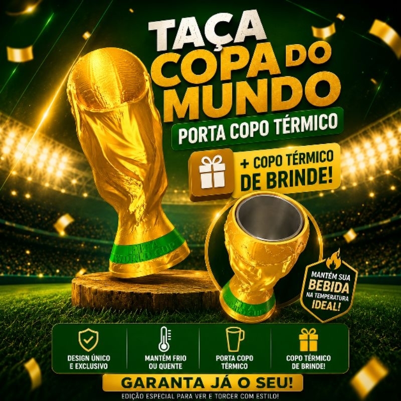 Taça Copa do Mundo Porta Copo Térmico + Copo Térmico Grátis | Edição Especial Porta copo taça mundial