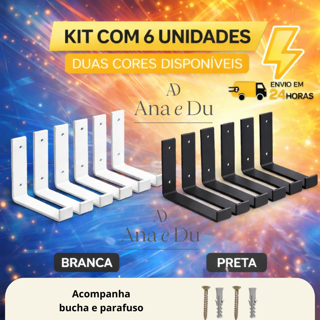 Kit com 6 Suporte Mão Francesa Invertida Cantoneira para Prateleira Ferro Reforçado Vários tamanhos Suporta até 10kg