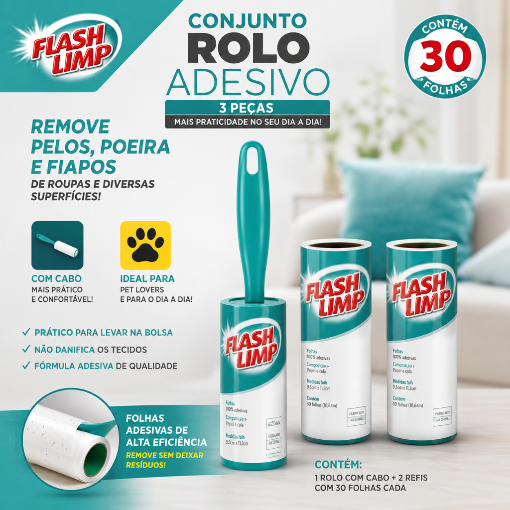 Kit Tira Pelos Conjunto Rolo Adesivo 1 Unidade + 2 Refil Flash Limp Original Econômico Casa Roupas