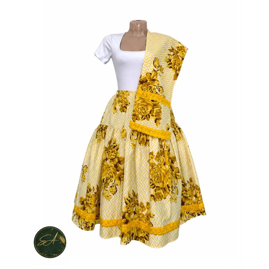 Conjunto Religioso , Amarelo floral, saia e Oja/ pano de cabeça.Umbanda/Candomblé . percal/ algodão.