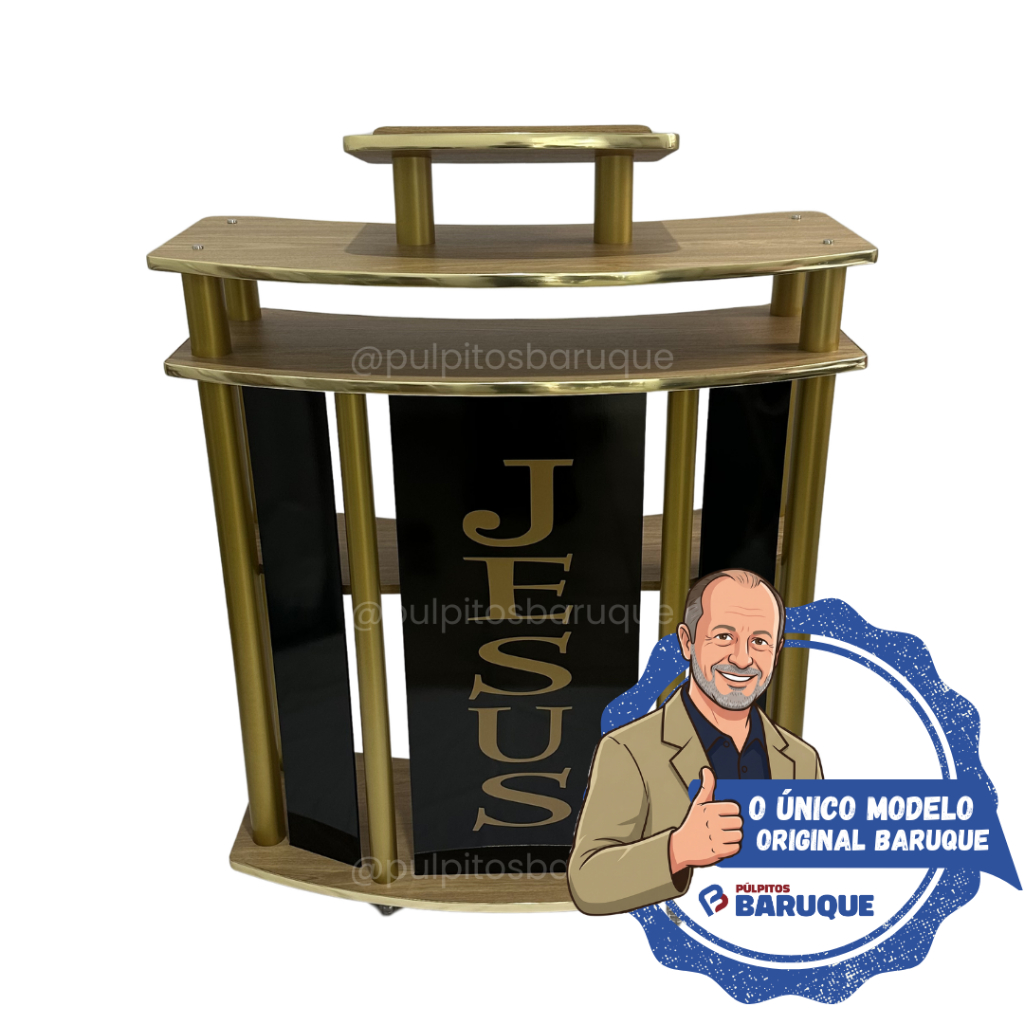 Púlpito Madeira Amêndoa Tubo Dourado Placa Preta E Friso M09
