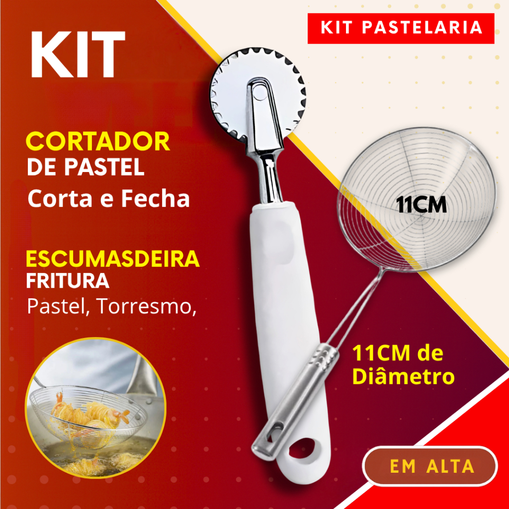 Kit 2 – Cortador de Pastel Massa + Escumadeira para Fritura  Inox +  Batata Frita Torresmo