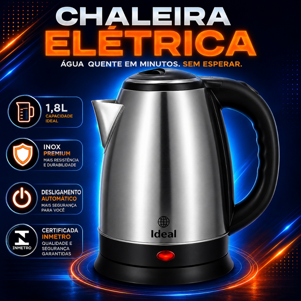 Chaleira Eletrica Inox Capacidade 1,8 Litros Desligamento Automatico Base Giratoria 360  110v 220v