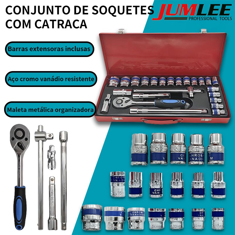 ogo Chave Catraca 1/2 Profissional Kit Soquetes 24 Peças 8mm-32mm Aço Cr-V com Maleta para Manutenção Mecânica e Auto