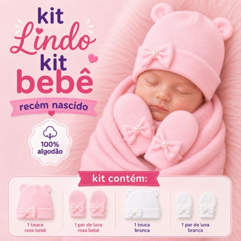 kit 2 Toucas 2 Luvas RN Laço Pérola laço orelhinhas- Maternidade - Princesinha de 0 a 3 meses