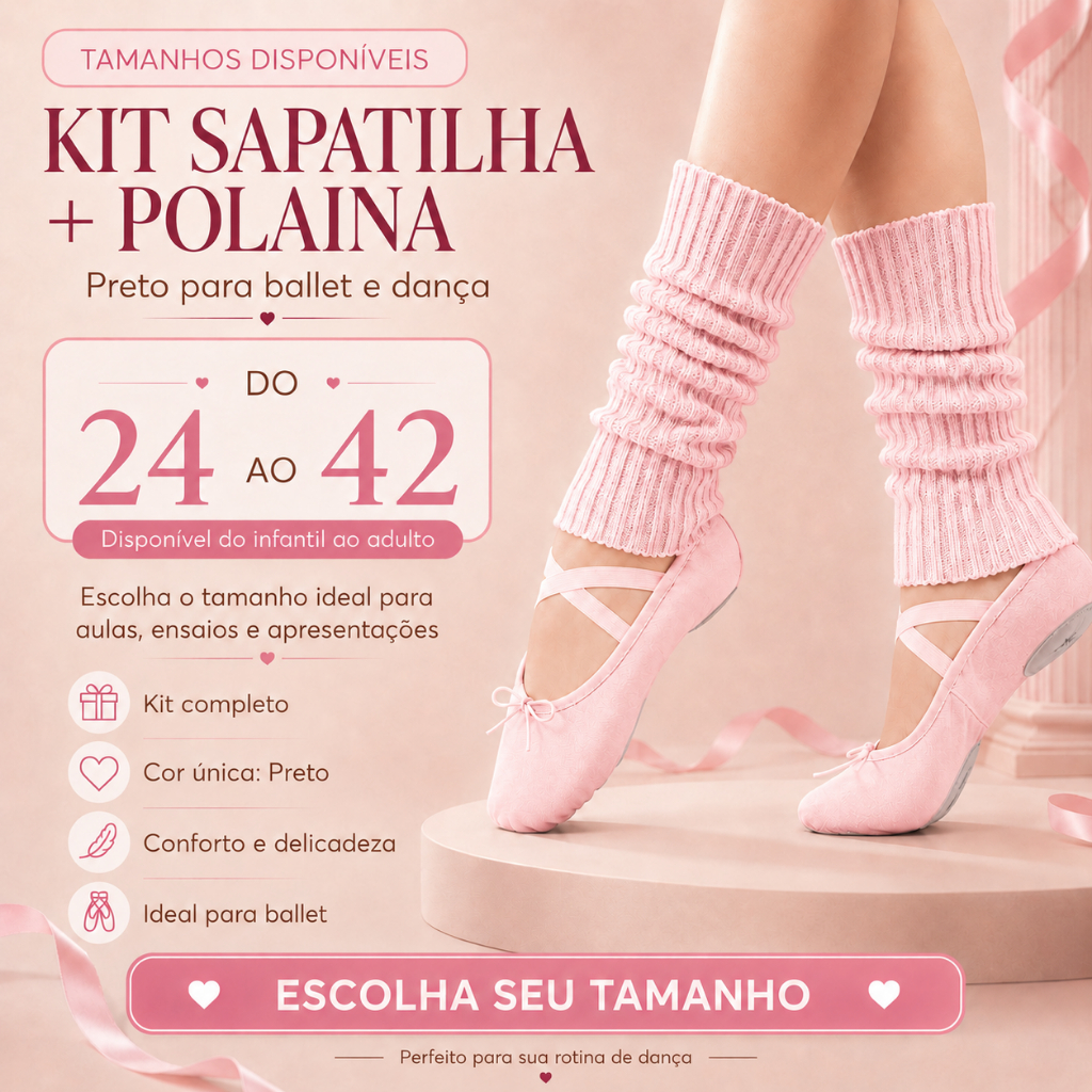 Kit Sapatilha com Polaina Ballet Jazz Rosa Do 24 Ao 42 Dança Aula  Apresentação Aqucimento Tornozelo