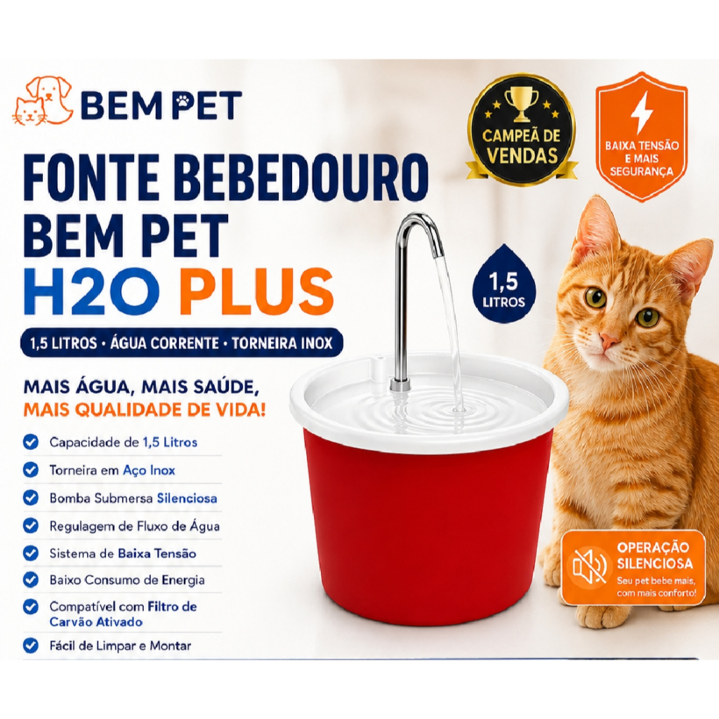 Fonte Bebedouro Para Gatos 1,5L Automática Água Corrente Torneira Inox Bomba Silenciosa Bem Pet