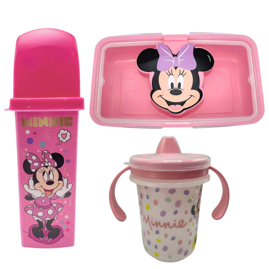 Kit de Higiene Minnie 3 Peças Infantil com Porta Lenço Umedecido, Estojo Dental para Escova e Pasta + Caneca com Tampa