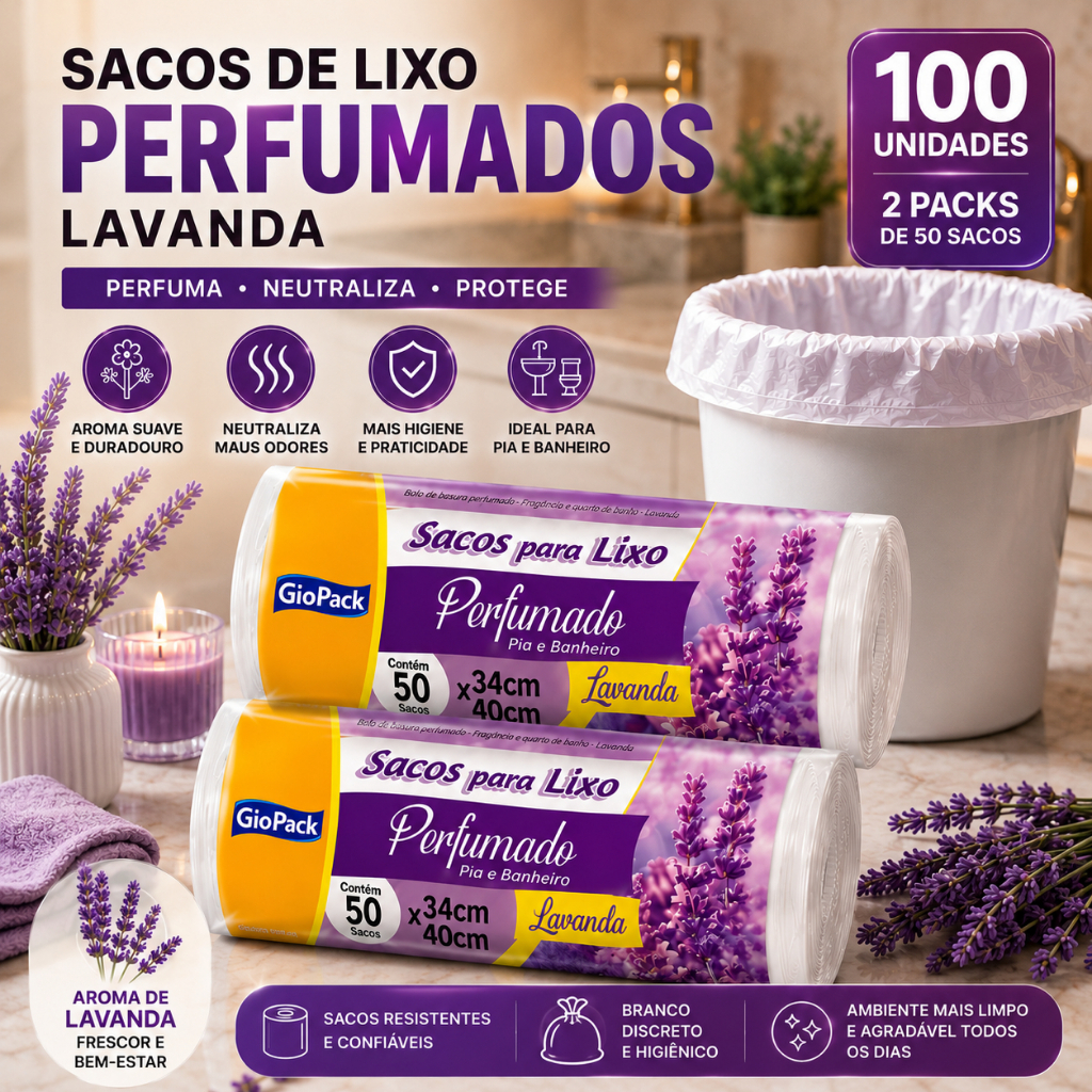 Kit Saco de lixo Lavanda Perfumado 34x40 neutraliza odores banheiro cozinha