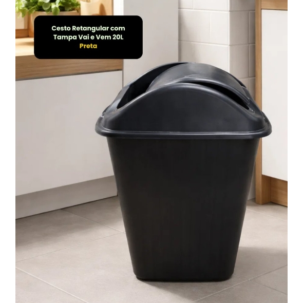🗑Cesto Retangular com Tampa Vai e Vem 20L Preto Lixeira Basculante Lixo