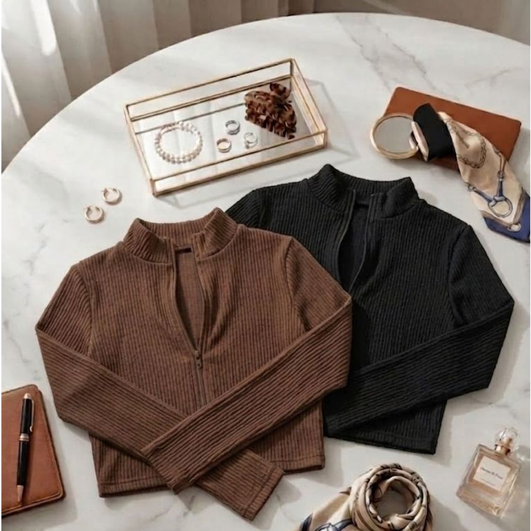 Kit 2 Cropped Feminino Manga Longa Anarruga Gola com Zíper Ajustado Casual Moda Inverno Conforto