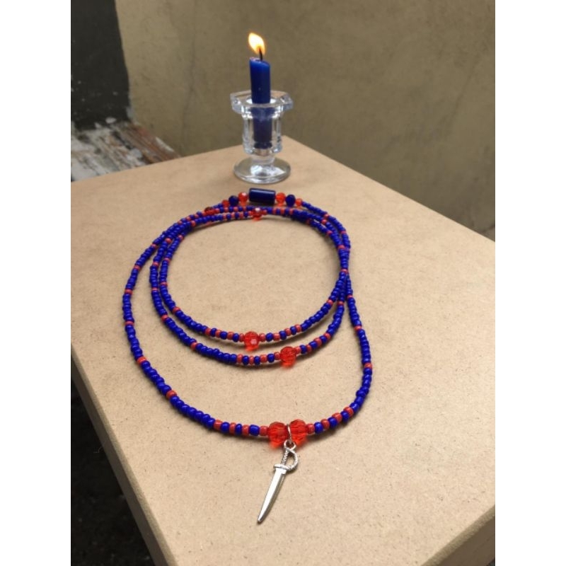 Guia Ogum + Pingente Espada e Firma Azul Escuro e Vermelho Umbanda Nação Candomblé São Jorge