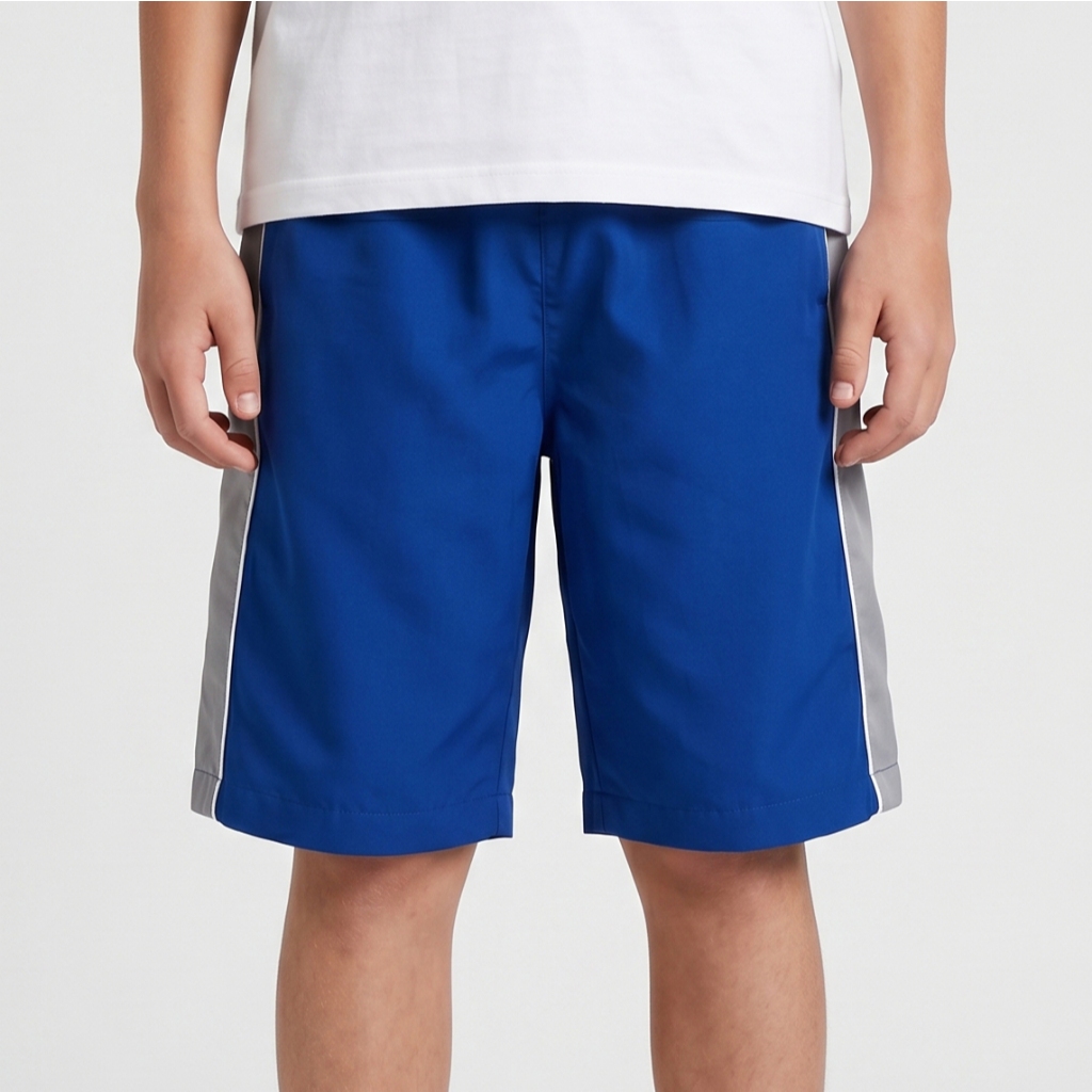 Bermuda Tactel Infantil Uniforme Azul Royal Detalhe Cinza Lateral