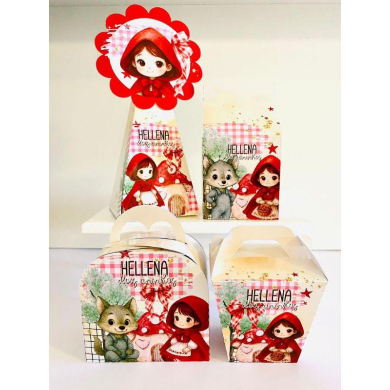 Kit Festa Chapeuzinho Vermelho Personalizado 10 a 40 Peças Lembrancinha Infantil Caixinhas Milk Pirâmide Sushi Maletinha
