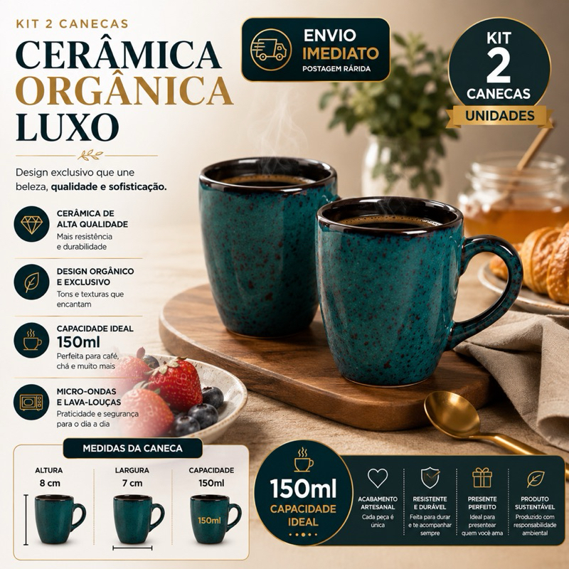 Kit 2 Peças Caneca Cerâmica Linha Aura 150ml Xícara Café Chá Cerâmica Premium Luxo
