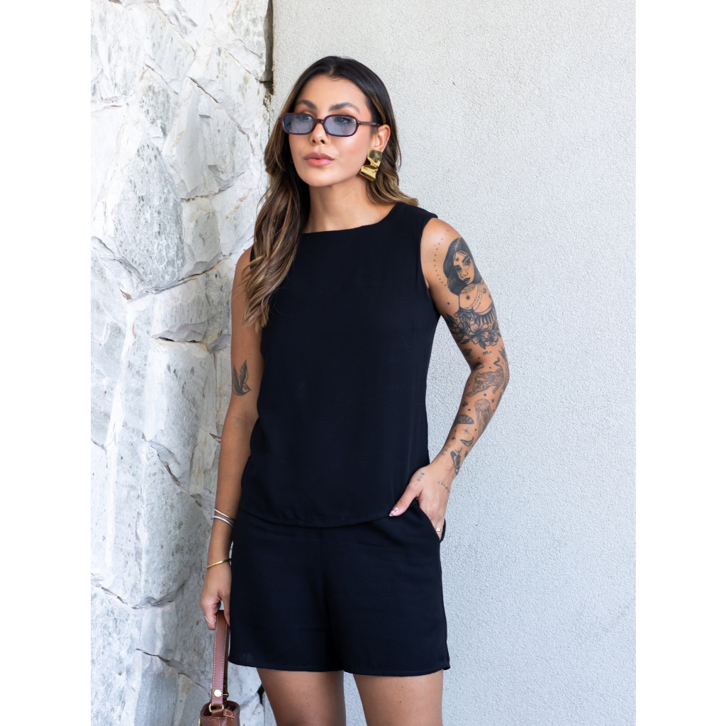 Conjunto Feminino 2 Peças Tecido Viscolinho Blusa Regata e Short Cintura Elástica Confortável Elegante P ao GG