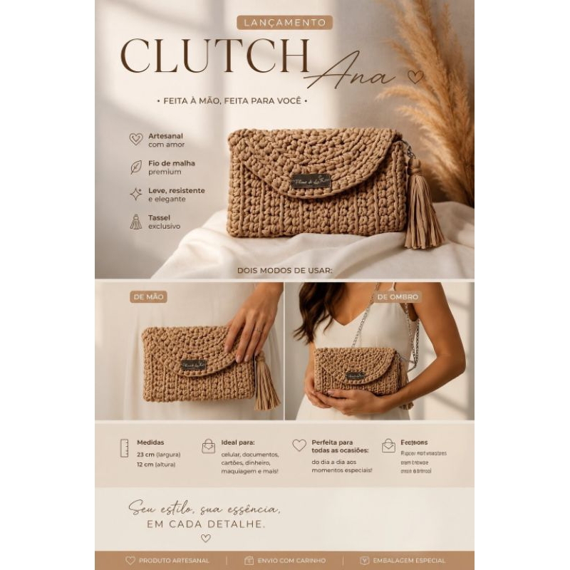 Clutch de Crochê Artesanal em Fio de Malha | Bolsa de Mão Feminina com Tassel | Feita à Mão
