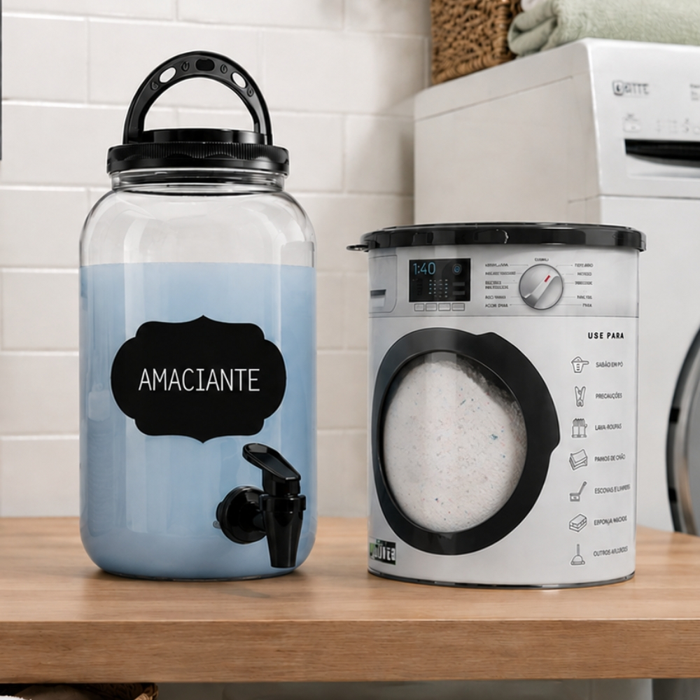 Kit Lavanderia Pote Suqueira Com Torneira 3,6L Amaciante Pote Decorativo Sabão Em Pó 2,1L