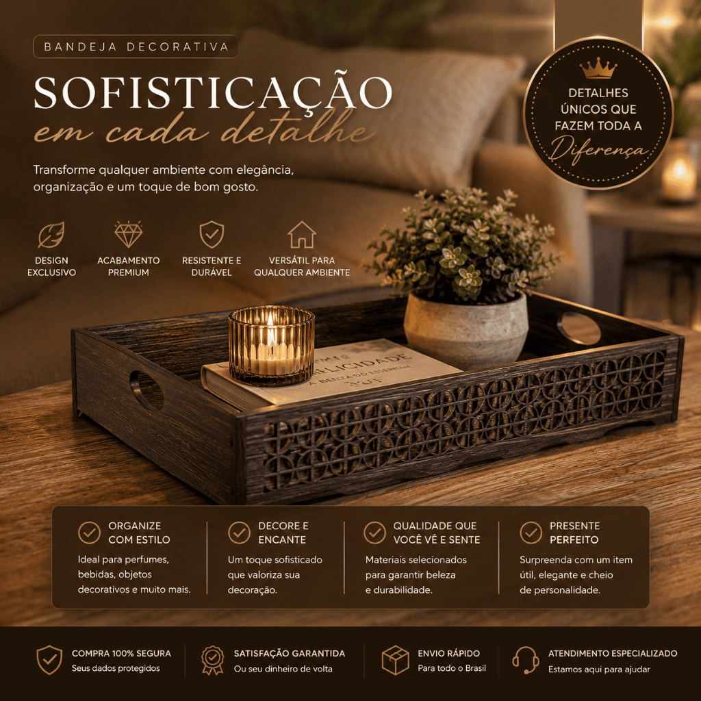 Bandeja MDF Cor Marrom 40 x 25 x 8cm para Cantinho do Café – Decoração e Organização Elegante
