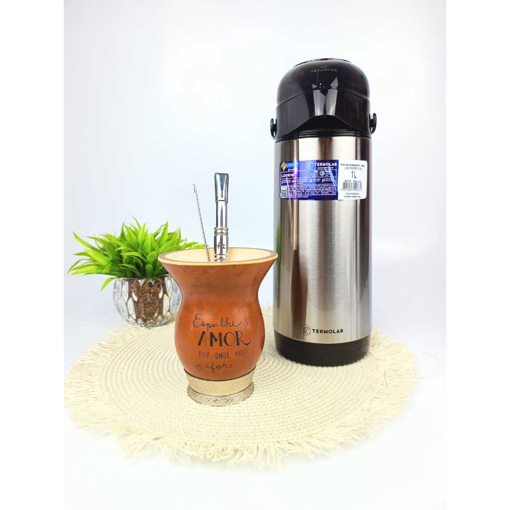 Kit chimarrão - Cuia de Porongo, Bomba em Aço Inox e Garrafa Térmica 1 Litro Personalizados