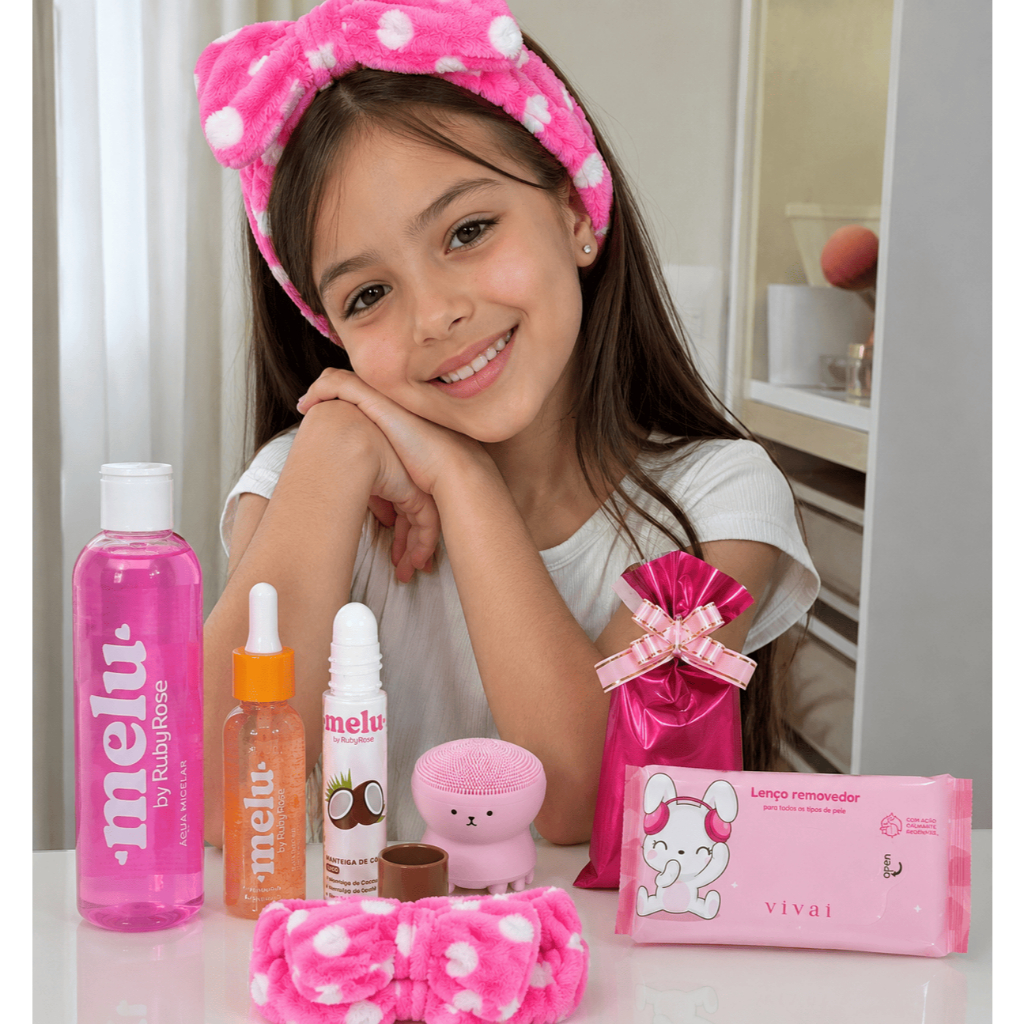 Kit Skincare Infantil Melu by Ruby Rose Completo – Presente para Meninas com Faixa e Escova Facial