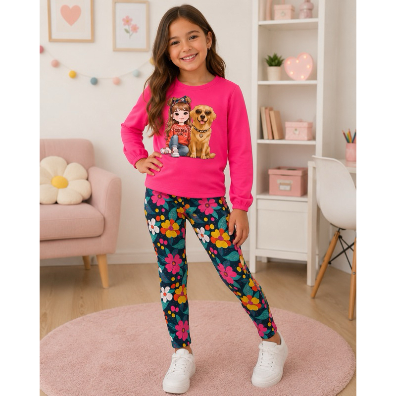 Conjunto Infantil Menina Kyly Inverno Meia Estação Blusa Manga Longa + Legging Estampada Confortável