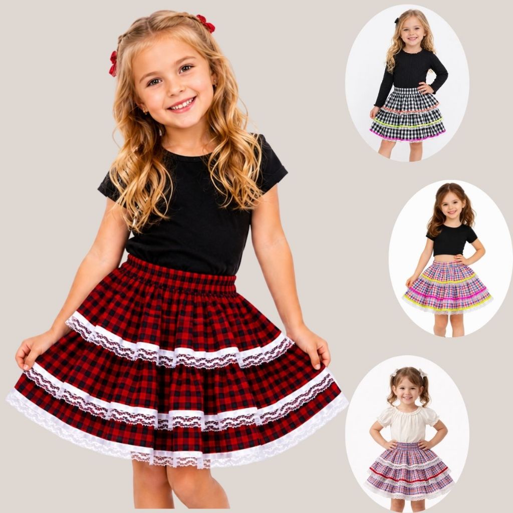 Saia Curta Infantil Rodado Xadrez Roupa Junina Menina Com Renda