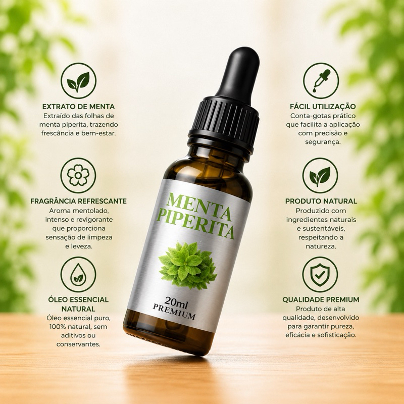 Óleo Essencial de Menta Piperita premium 20ml – Aroma Refrescante | Uso Aromático -( frasco de vidro e conta-gotas)